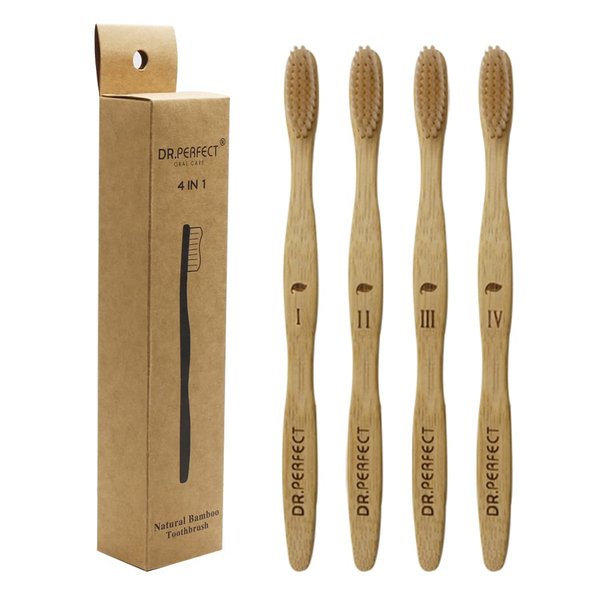 DR.PERFECT Bamboo Toothbrush with Medium Soft Natural Bristles Biodegradable Toothbrush for Teeth Whitening Pack of 4