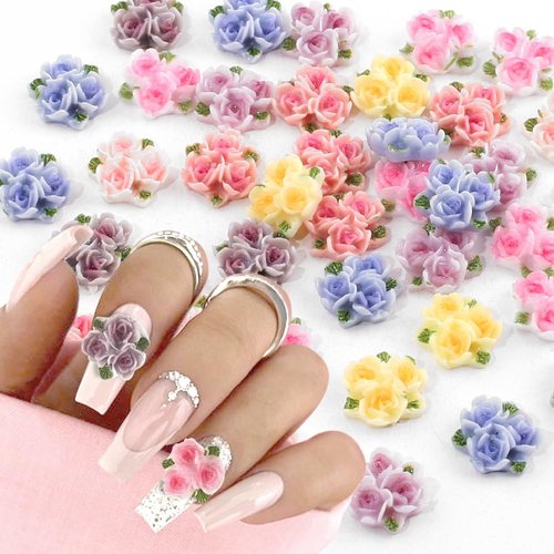 35pcs Colorful Flower Nail Charms for Acrylic Nails Triple Rose Flowers Nail Art Charms Flower Charms for Nails Design Flatback Resin Charms for Jewelry Making Hairclips Phone Case Resin Accessories