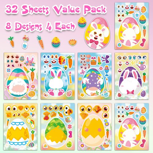 Aowplc 32 Sheets Easter Make A Face Animal Stickers Mix and Match Easter Crafts for Kids Party Favors Supplies