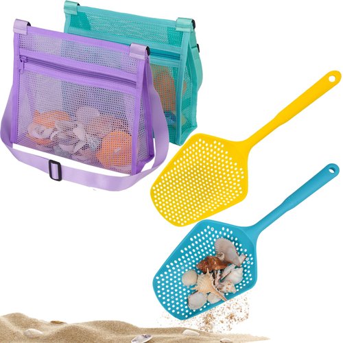 MUYIZI Beach Mesh Shovel with Beach Mesh Bag Shell Bags for Holding Beach Shell, Toys Kids Filter Sand Scooper for Picking Up Shells Shark Tooth Sifter Dipper Beach Toys Accessories
