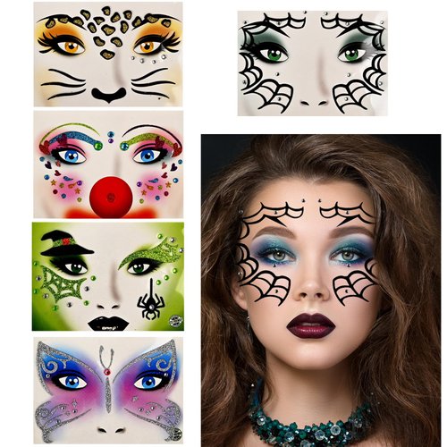 Digchti 5PCS Halloween Face Glitter Stickers, Acrylic Waterproof Face Tattoos with Rhinestones and Glitter for Party Makeup, Cosplay, Stage Face Decoration, and Festival Accessories