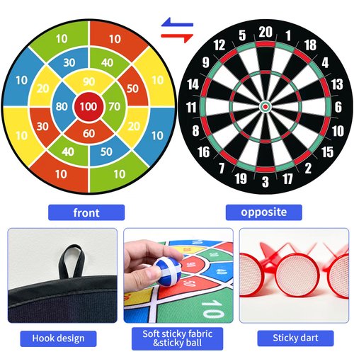 29 Inches Double-Sided Kids Dart Board Set, Boys Toys Double Sided Dartboards with 20 Sticky Balls, 8 Darts, Indoor Outdoor Party Games Toys Gifts for 12+ Year Old Boy Girl and Adult