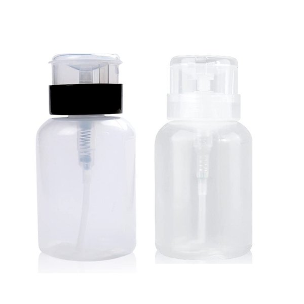2 Pcs 200ml Push Down Bottle Empty Lockable Pump Dispenser Bottle Clear Cosmetic Bottle Container for Nail Polish and Makeup Remover,Black and White Top Cap