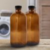 Cornucopia 16oz Amber Glass Bottles with Reusable Chalk Labels and Lids (2 Pack), Refillable Brown Boston Round Bottles, with Black 28-400 Caps