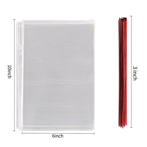 100 Pcs 10 in x 6 in(1.4mil.) Clear Flat Cello Cellophane Treat Bags Good for Bakery, Cookies, Candies,Dessert with 5 random Twist Ties!