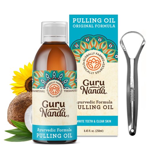 GuruNanda Original Oil Pulling with Tongue Scraper, Alcohol & Fluoriode Free Mouthwash for Teeth & Gum Health & Fresh Breath (Unflavoured), 8.45 Fl Oz