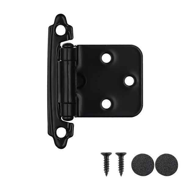 JQK 1/2 Inch Overlay Cabinet Door Hinges Black, 20 Pack 10 Pairs Flush Face Mount Cupboard Self-Closing Kitchen Cabinet Hinges with Door Bumper, CH200-BK-P20