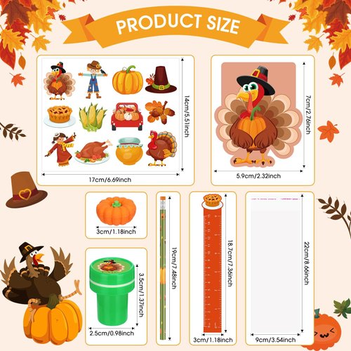 Cholemy 168 Pcs Thanksgiving Party Favors Fall Thanksgiving Stationery Set Supplies Bulk Thanksgiving Mini Notebook Pencils Erasers Rulers Stampers Stickers Gift Bags for Rewards Prizes