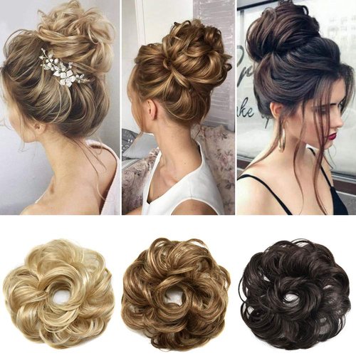 Messy Rose Bun Hair Piece Synthetic Hair Scrunchies Extension Curly Wavy With Elastic Rubber Band Ponytail Hair Extensions Updo Hairpieces for Women Girls(R18/22# Light Ash Brown&Brown Auburn)