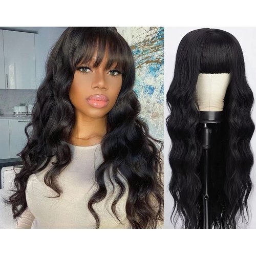 Body Wave Wig With Bangs Hmuan Hair For Black Women None Lace Front Wigs 150% Density Brazilian Virgin Hair Glueless Human Hair With Bangs Natural Color(18inch,Body Wave)