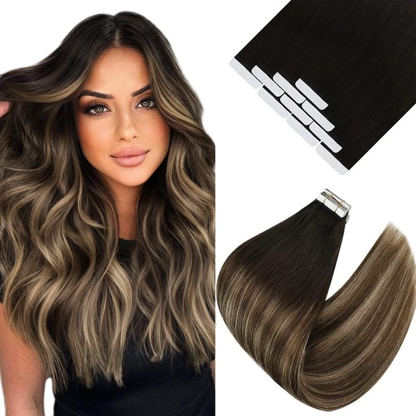 Ve Sunny Ombre Tape in Hair Extensions Human Hair Black Tape in Real Human Hair Extensions Black Ombre Dark Brown Balayage Ash Brown Tape in Hair Extensions Ombre for Women Hair Extensions 25g 14”