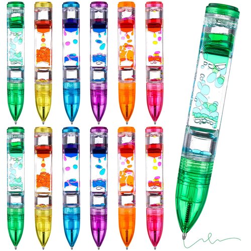 12 Pack Liquid Motion Pen Colorful Liquid Motion Bubbler Pens Fidget Liquid Timer Pen for Stress and Anxiety Relief Home Office Desk Toys Decoration