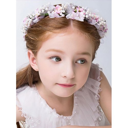 BERYUAN Flower Girls Flower Pearls Crown Headband Lace Bowknot Pearls Headband Flower Crown Wreath Handmade Adjustable Tiara Floral Wreath With Ribbon Halo Headbands for Teen Girls (pink)