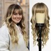 Romantic Angels Blonde Wig with Bangs for Women Long Wavy Ombre Blond Wig with Dark Root Synthetic Wigs for Girls Daily Party Use 26 Inches