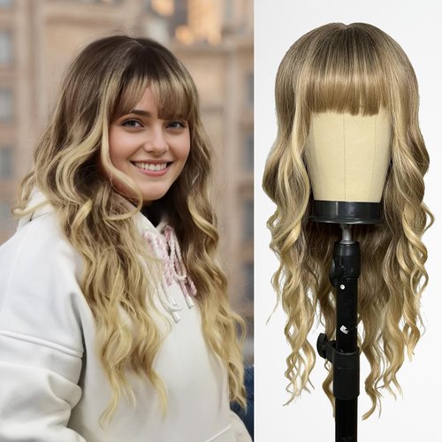 Romantic Angels Blonde Wig with Bangs for Women Long Wavy Ombre Blond Wig with Dark Root Synthetic Wigs for Girls Daily Party Use 26 Inches