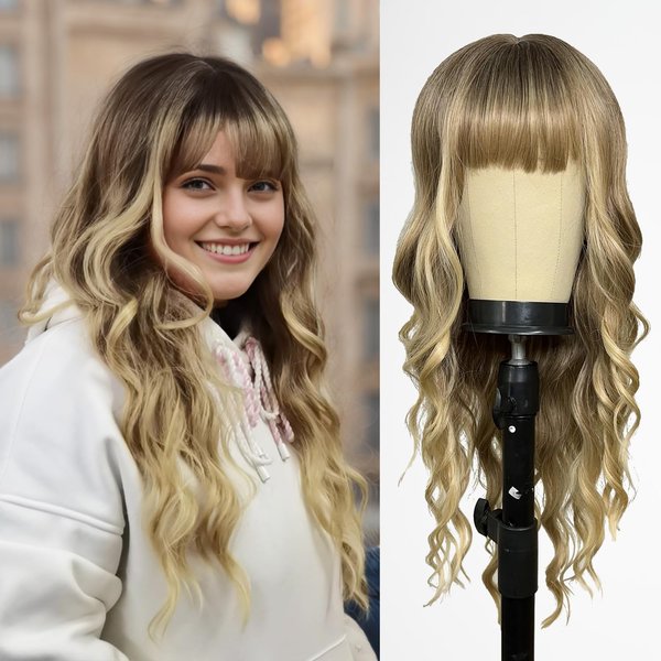 Romantic Angels Blonde Wig with Bangs for Women Long Wavy Ombre Blond Wig with Dark Root Synthetic Wigs for Girls Daily Party Use 26 Inches