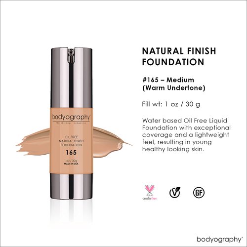 Bodyography Matte Foundation Makeup (Medium #165): Oil-Free Anti-Aging Salon Natural Finish w/ Vitamin E, C, Antioxidants | Vegan, Gluten-Free, Paraben-Free