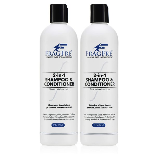 FRAGFRE 2 in 1 Shampoo and Conditioner 12 oz (2-Pack Gift Set) - Fragrance Free Conditioning Shampoo for Short to Medium Hairs - Color Safe - Sulfate Free Cleansing Conditioner for Sensitive Skin