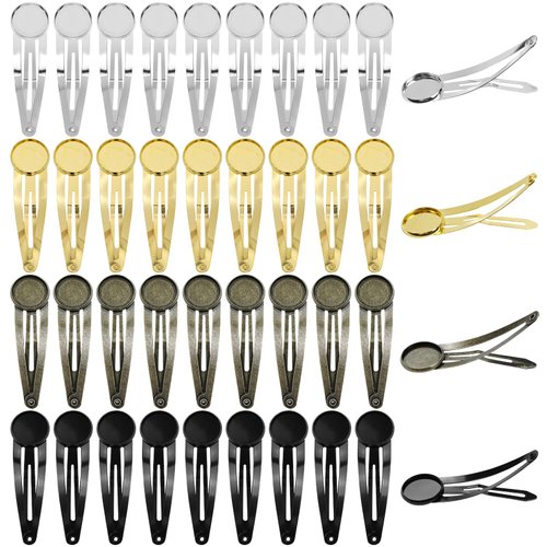 Lawie 40 Pack 5cm 2 Inch Small Silver Gold Bronze Black Flat Round Tray Glue Pad Snap Hair Clips for Crafting Blank Hair Barrettes Base Hair Pins Arts and Crafts DIY Hair Jewelry Making Accessories