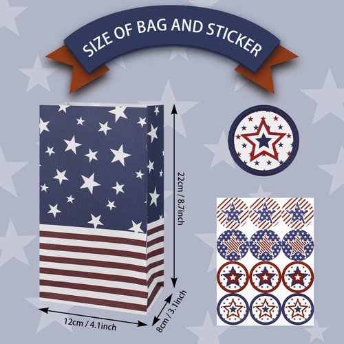 Whaline 36 Pack Patriotic Treat Bags with Tag Stickers American Flag USA Party Favor Bags Patriotic Candy Bags Red Blue Kraft Paper Gift Bags for Independence Day Party Supplies Gift Wrap