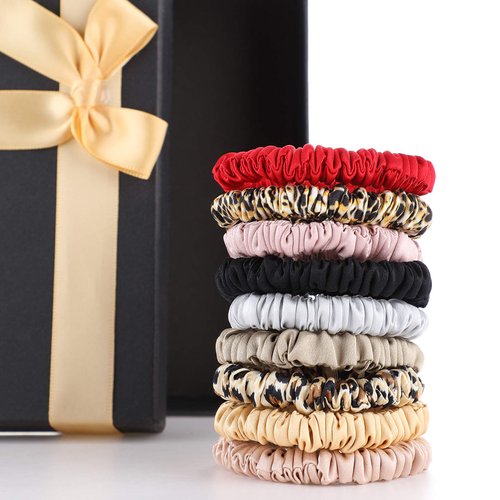 9 Pieces silk scrunchies Silk Hair Ties Skinny Hair Scrunchies Pure Silk Ponytail Holder Elastic ...