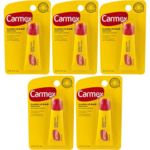 Carmex Classic Lip Balm, Medicated, 0.35 Ounces each (Pack of 5)