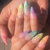 MISUD Press on Nails Long Stiletto Fake Nails Glossy Glue on Nails Colorful French Tip Acrylic Nails Almond Artificial Nails Rainbow Fire Stick on False Nails with Design 24 pcs
