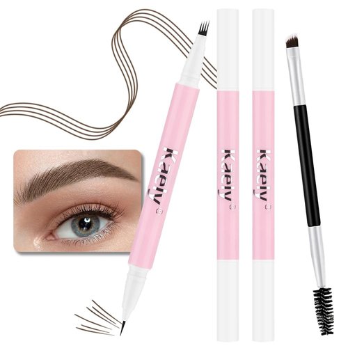 2 Pcs Dark Brown Magic Microblading Eyebrow Contouring Pen Brow Pencil, with 4 Brush Micro-Fork-Tip Precise Applicator, Dual-ended Eyebrow Brush, Precise Waterproof Brow Pen, Eye Brow for Women, 02