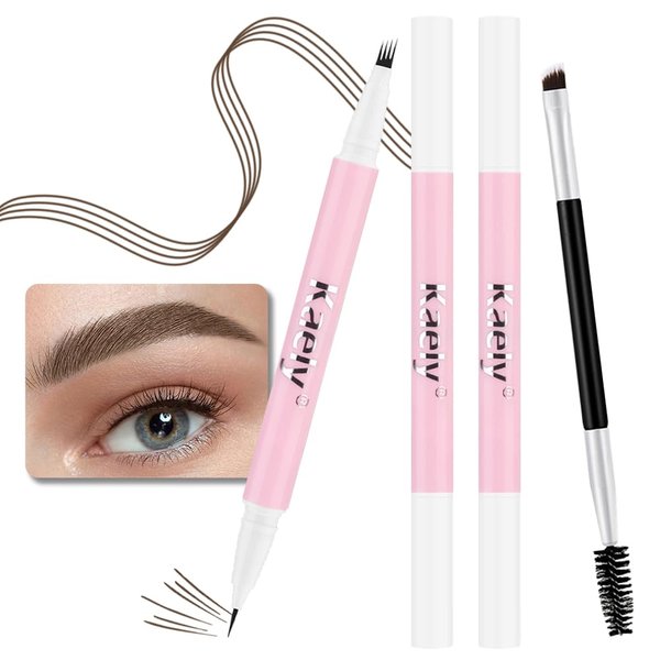 2 Pcs Dark Brown Magic Microblading Eyebrow Contouring Pen Brow Pencil, with 4 Brush Micro-Fork-Tip Precise Applicator, Dual-ended Eyebrow Brush, Precise Waterproof Brow Pen, Eye Brow for Women, 02