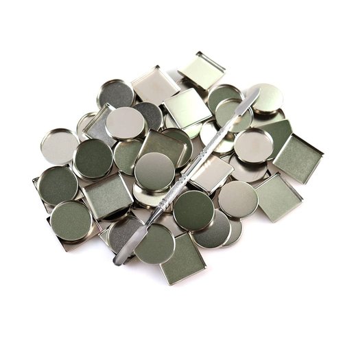 SZDYM 50 Pcs Empty Metal Pans, Makeup Palette Pans for Eyeshadow Magnetic Cosmetic Palette Size 26mm (Square&Round&depotting spatula)