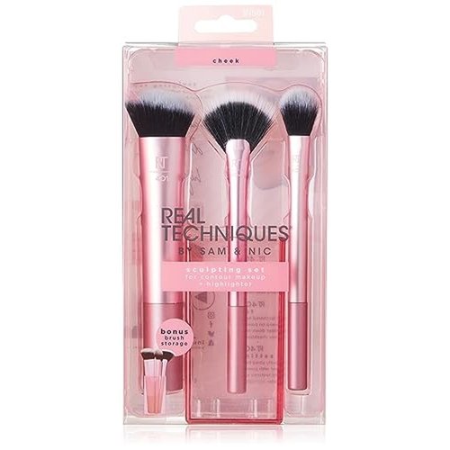 Real Techniques Cruelty Free Sculpting Set, Includes Fan or Setting Brush & Brush Cup, Synthetic Bristles, Pink, 4 Piece