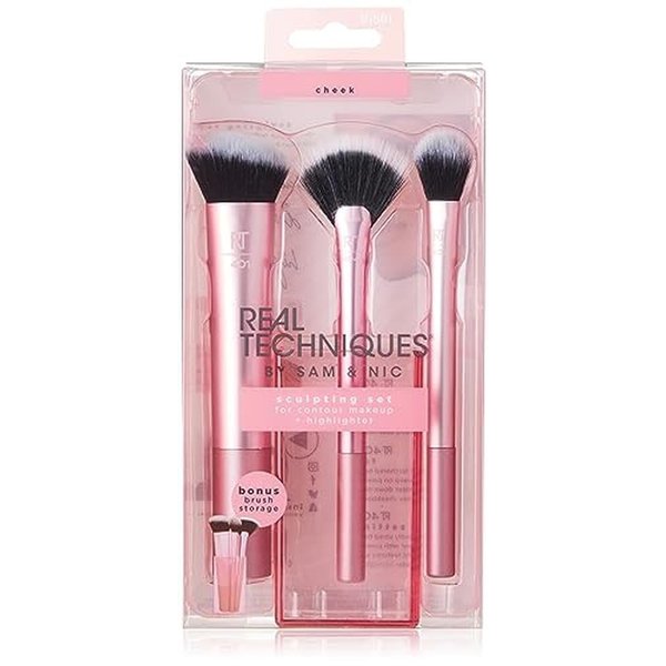 Real Techniques Cruelty Free Sculpting Set, Includes Fan or Setting Brush & Brush Cup, Synthetic Bristles, Pink, 4 Piece