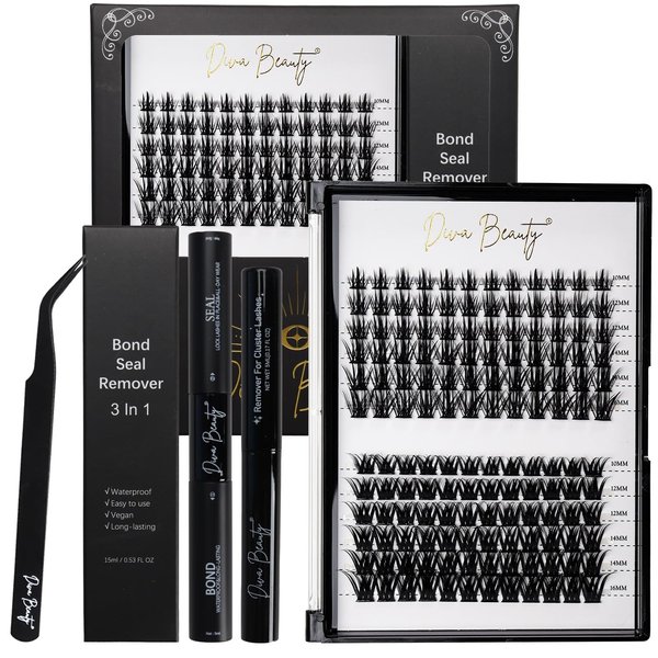 EyeLash Extension Kit - 156 Pcs Eyelash Clusters 10-16mm Mixed with Individual Lashes Cluster Tweezers Waterproof Eyelashes Bond and Seal Glue and Lash Remover for False Eyelashes