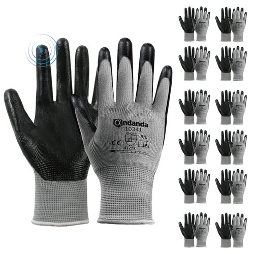 ANDANDA 12 Pairs Work Gloves, Smart Touch, 3D Comfort Stretch Fit, Nitrile Coated, Men Work Gloves with Grip, Seamless Knit Nylon, Suitable for Warehousing, Logistics, Handling, Black（L）
