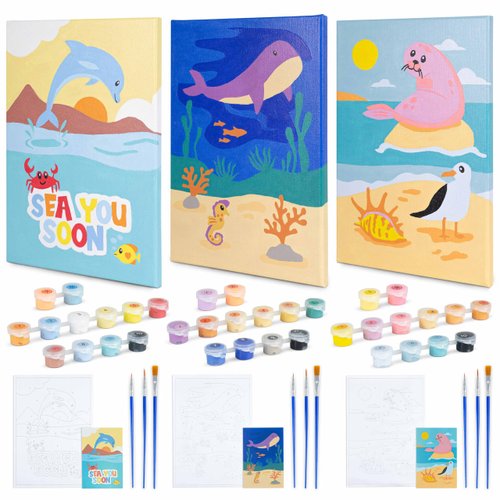 BONNYCO Paint by Numbers Kit for Kids Sea Animals Pack 3 Canvas Paint by Number Canvas, Ocean Gifts for Kids, Arts and Crafts, Kids Paint by Number, Kits Pre Drawn Canvas for Painting for Kids
