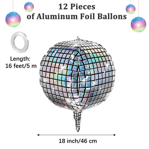 durony 12 Pieces 18 inches Disco Ball Balloons 4D Aluminum Foil Balloons Silver Party Decorations Mylar Foil Balloons for Disco Themed Party Decorations Supplies