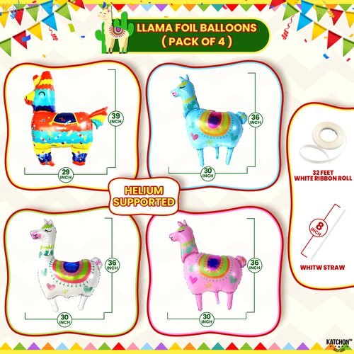 KatchOn, 4Pcs Llama Balloons for Birthday Party - Giant 39 Inch | Llama Birthday Balloons for Llama Birthday Decorations | Alpaca Foil Balloons for Fiesta Party Decorations | Llama Party Decorations