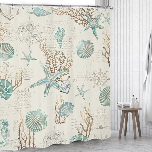 Omifly Starfish and Seashells Shower Curtain 60Wx72H Inch Beach Coastal Nautical Bathroom Set Ocean Coral Vintage Beige Ivory Retro Anchor Sea Horse with 12 Hooks Fabric Waterproof Accessories Decor