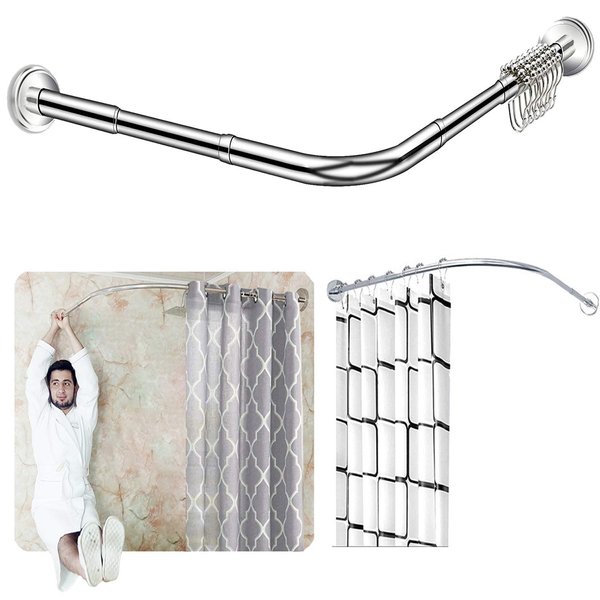 Quany Life Stretchable Corner Shower Curtain Rod - Drill Free Install 304 Stainless L Shaped 23.6-32" x 23.6-32",for Bathroom, Clothing Store（Free Curtain Hook）