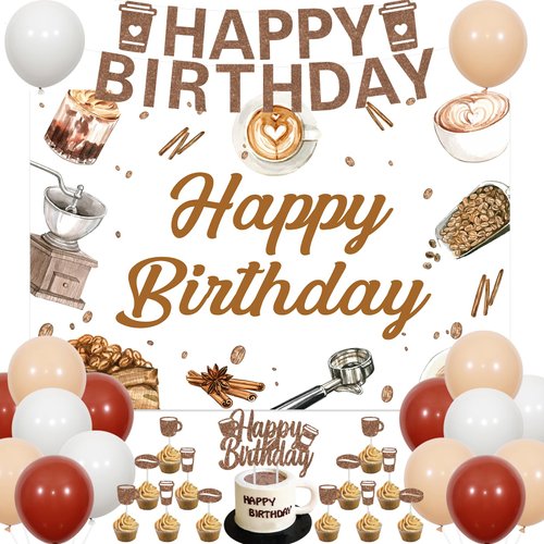 Coffee Birthday Decorations, Coffee Party Supplies with Balloons Banner Cake Topper Cupcake Toppe...