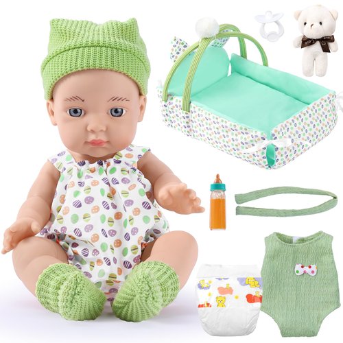 GAGAKU 12" Baby Doll Playset with Dolls Accessories Including Sleep Basket,2 Set Clothes,Bottles, Nipple, Small Doll Bear ,Diaper,First Baby Dolls for Toddlers 36 Months and Up