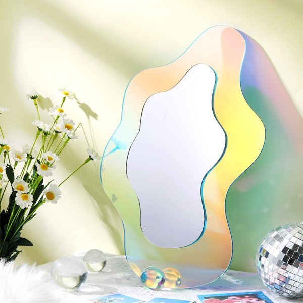 Wavy Acrylic Mirror Rainbow Irregular Aesthetic Vanity Wavy Frameless Amorphic Retro Mirror for Living Room Bedroom Bathroom Entryway Wall Decor (Vivid Style, 14.2 x 9.8 Inch)