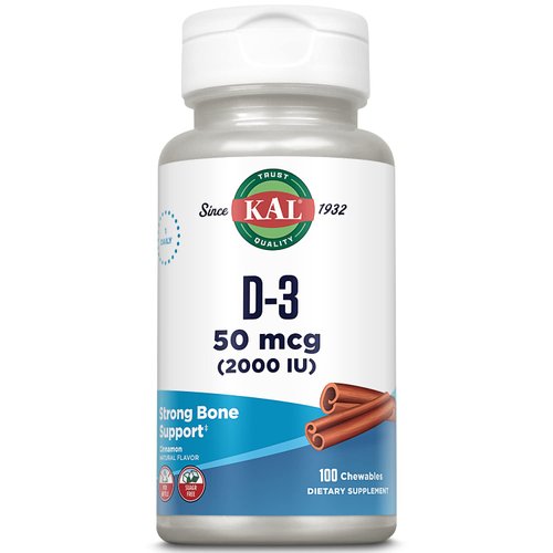 KAL Vitamin D3 Chewables 50 mcg, Vitamin D 2000 IU as Cholecalciferol, Sugar Free, Natural Cinnamon Flavor D3 Vitamin, Immune Support & Bone Health, 100 Servings, 100 Chewables