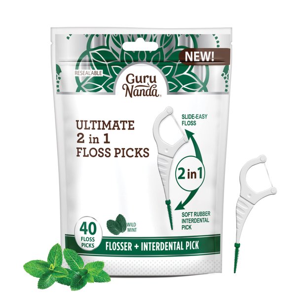 GuruNanda 2 in 1 Dental Floss Picks - Non-Slip Grip Handle, Slide Easy, No Break or Shred Flosser - Complete Oral Care with Interdental Pick for Healthy Teeth & Gums - Mint Flavor, 40 Count (1 Pack)