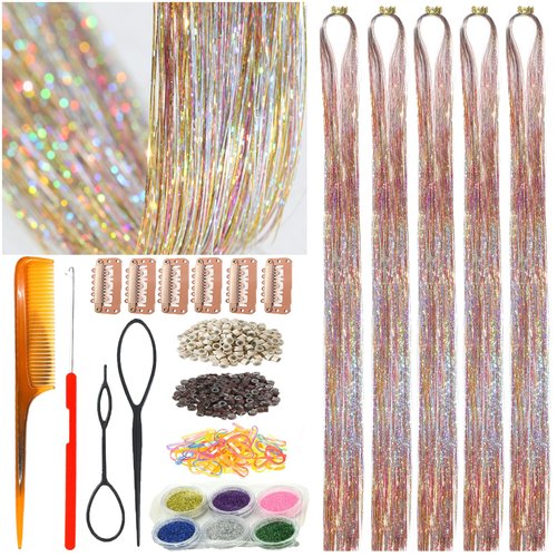 CelineBella Hair Tinsel Kit with Tools Galaxy Glitter Tinsel Hair Extensions Heat Resistant Highlights Sparkling Fairy Hair for Kids Women Girls(48 Inch Pack of 5Pcs, Galaxy)