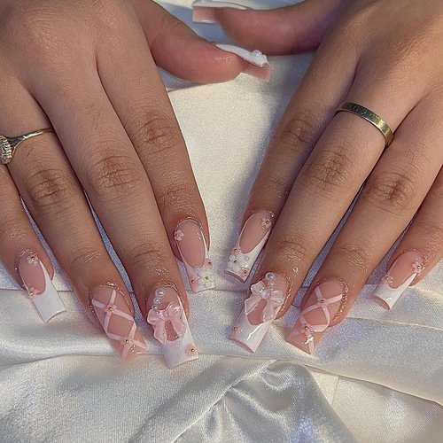 BABALAL Square Press on Nails Medium Fake Nails White French Tip Glue on Nails 3D Pink Flower Bow Charm Pearl Squoval 24Pcs Acrylic Nails for Women and Girls