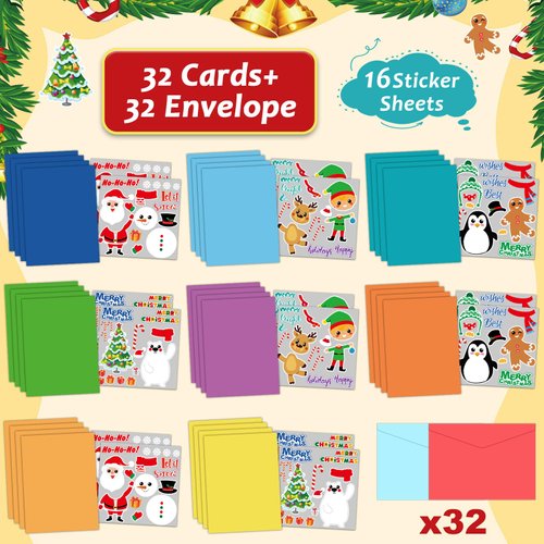 Qyeahkj 32pcs Christmas Card Making Crafts Kits for Kids, DIY Paper Greeting Card Envelopes Handmade Craft for Girls Boys Families Home Classroom Indoor Art Game Activities Favors