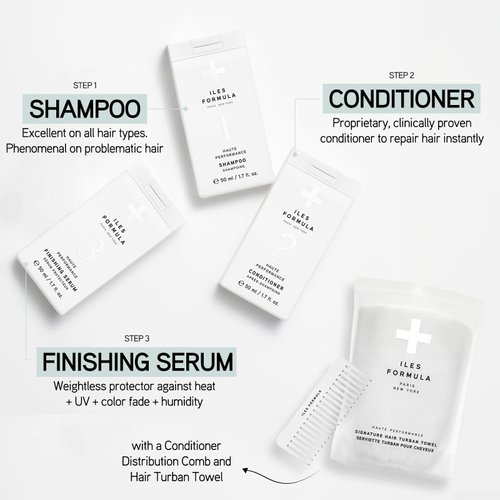 Iles Formula Limited Travel Edition Hair Care Set with Mini Shampoo, Conditioner, Finishing Serum, Comb, & Absorbent Turban Hair Towel, Travel-Friendly