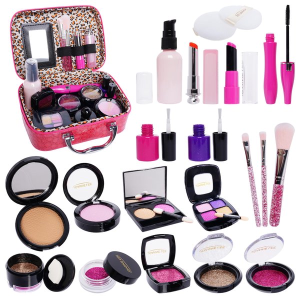 Pretend Makeup Kit for Girls Kids Pretend Play Makeup Set with Exquisite Leather Bag and Gift Box for Birthday Christmas Age 3+ (Not Real Makeup) (21pcs Rose Pink kit)