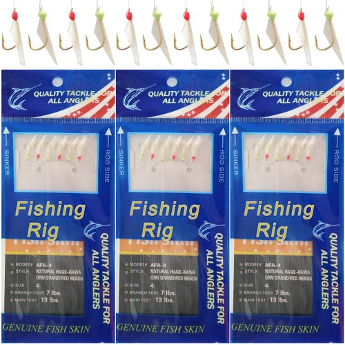 Fishing Bait Rigs Set,12 Packs Surf Fishing Rigs Saltwater Fishing Lure Rigs with Real Fish Skin Sharp Hooks Glow Beads Freshwater Saltwater Bait Rigs Size 4 6 8